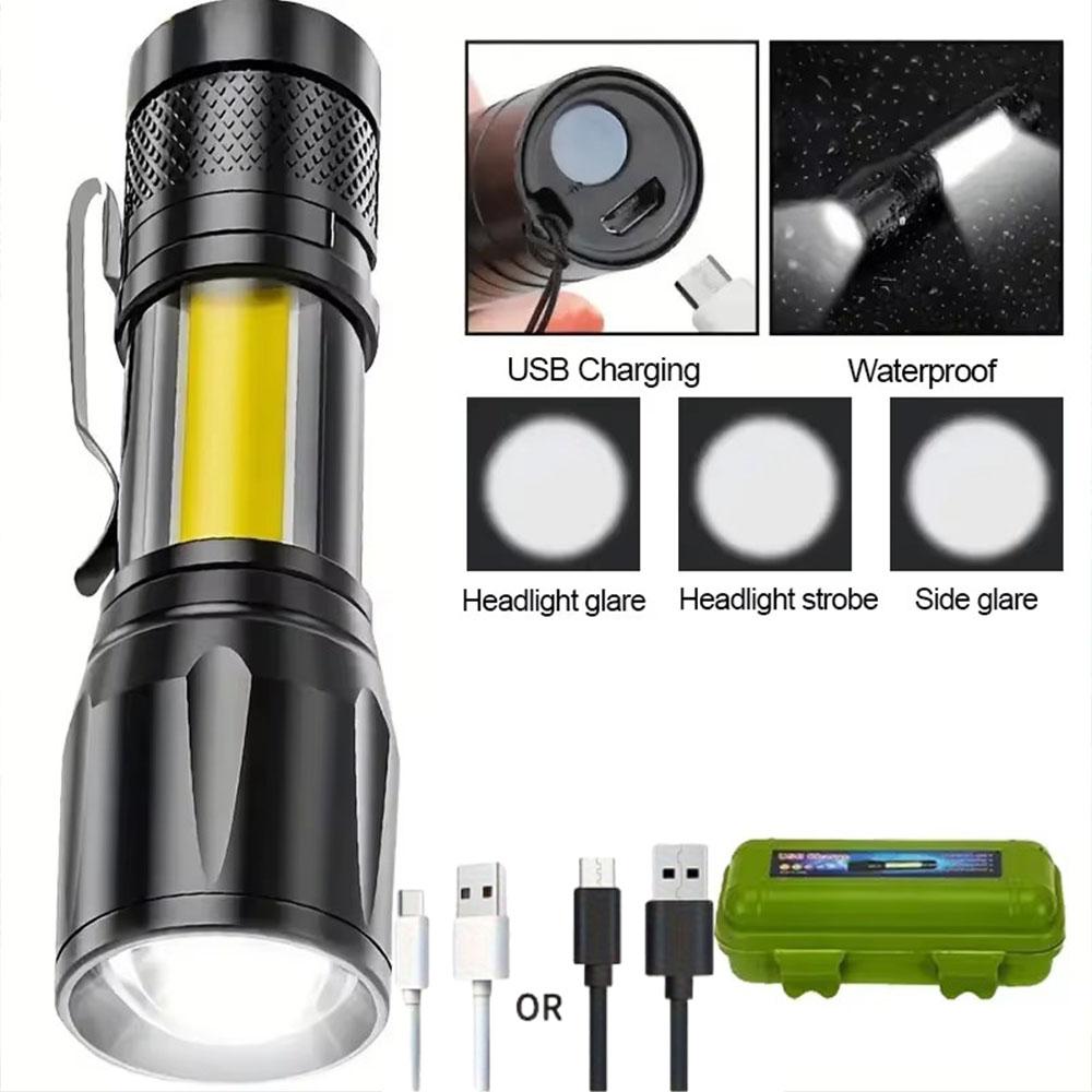 High Power Rechargeable LED Flashlight with Zoom and COB Side Light Waterproof Outdoor Torch for Camping, Hiking, Emergency Use