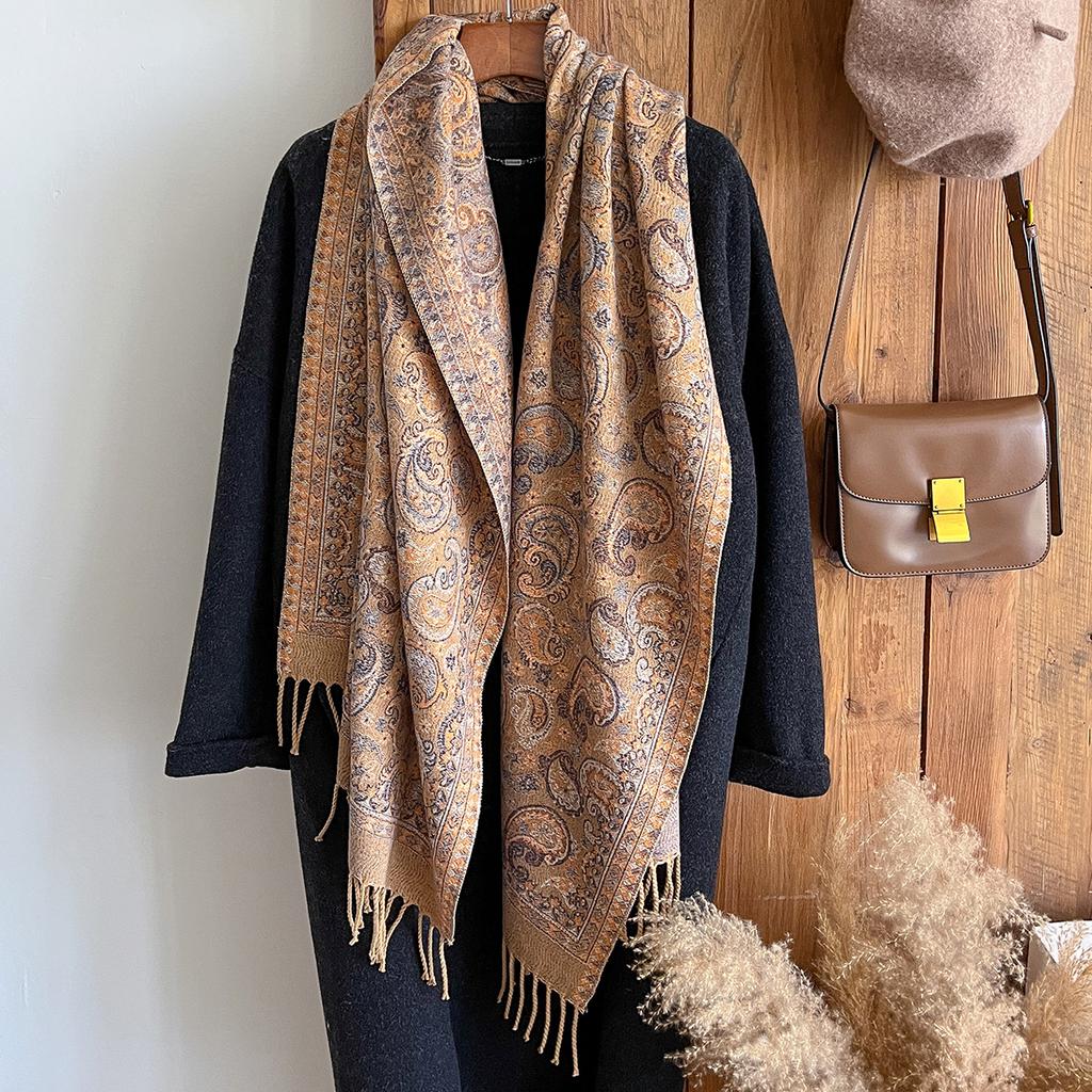 Modischer Warmer Kaschmirschal für den Winter - Damen-Fransen-Vintage-Blumen-Ölgemälde-Druck-Pashmina-Dicker Schal & Poncho