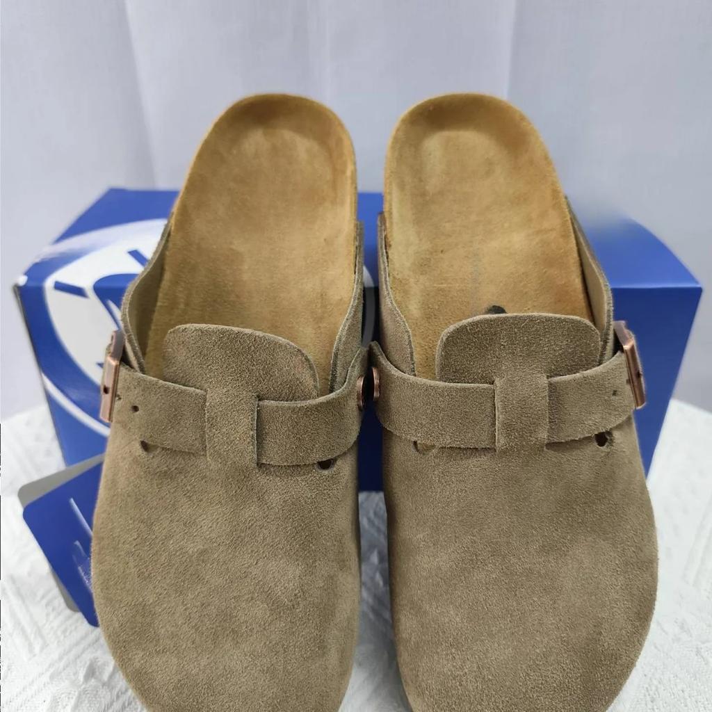 Fashion Slippers Leather Women Loafers Soft Wood Sole Clip-on Vulcanized Slides Women Eva Outsole Arch Support Loose-fit Slippers Woman