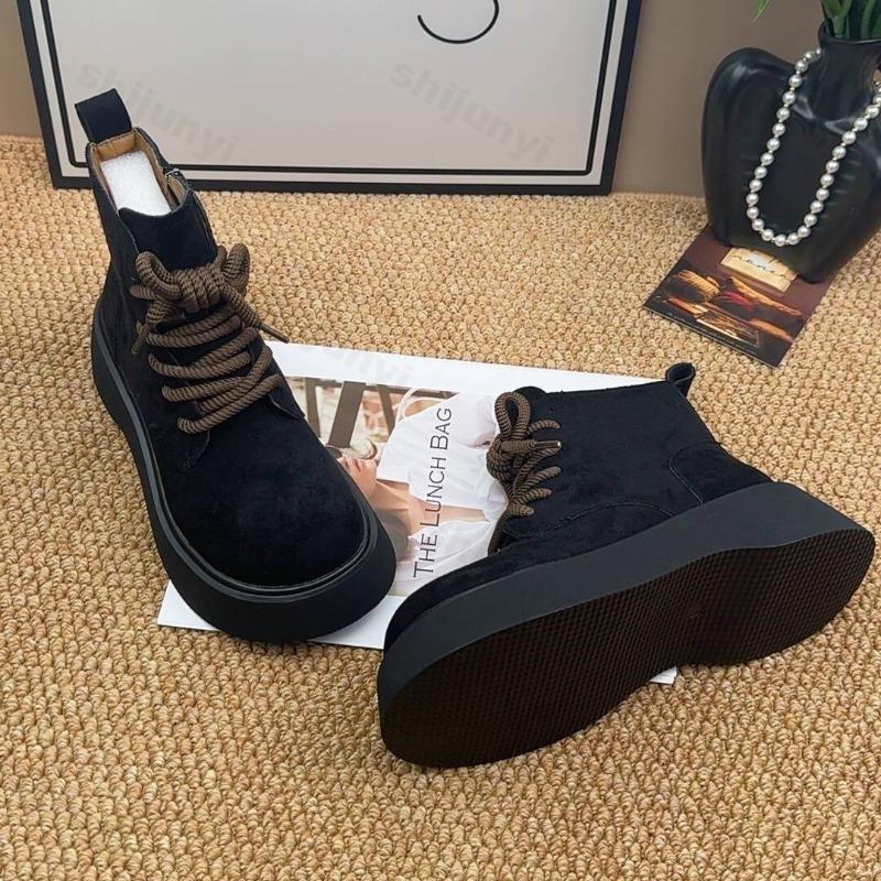 Women's High Top Snow Boots Winter Fashion Side Zipper Cotton Shoes Comfortable Cross Tied Height Increase Short Boots