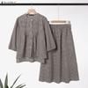 ZANZEA Women 3/4 Sleeve Blouse and Long Skirts Plaid Print Two Piece Suit Sets