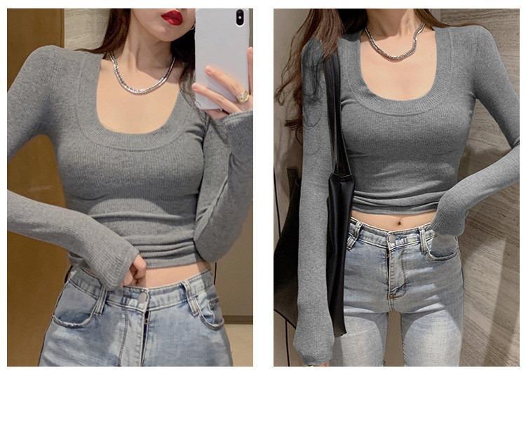 Women's Slim Fit Ribbed U-Neck Long-Sleeve Tee - New Autumn/Winter Korean Style