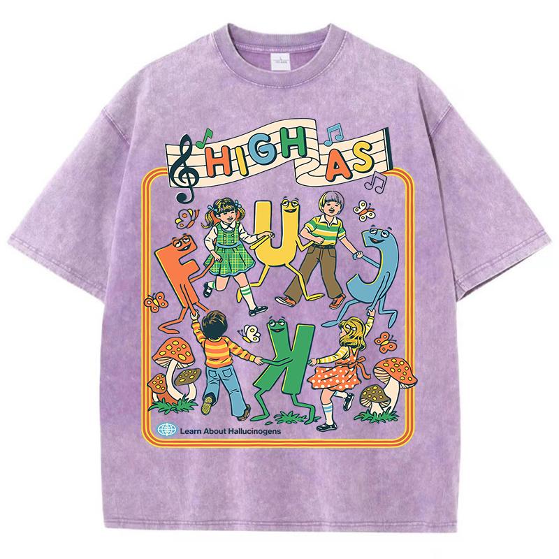 Happy Playing Children Pattern Retro T-Shirt Men Summer Soft Clothing Trendy Crewneck Washed Tops Oversize Cotton Streetwear