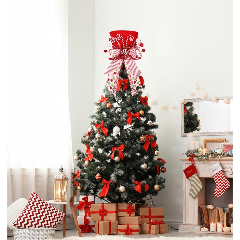 Christmas Candy Canes Tree Topper Red Hat With Peppermint Bows Ornament Winter Lollipop Holiday Home Decoration Xmas Festive Gift Ideas Supplies