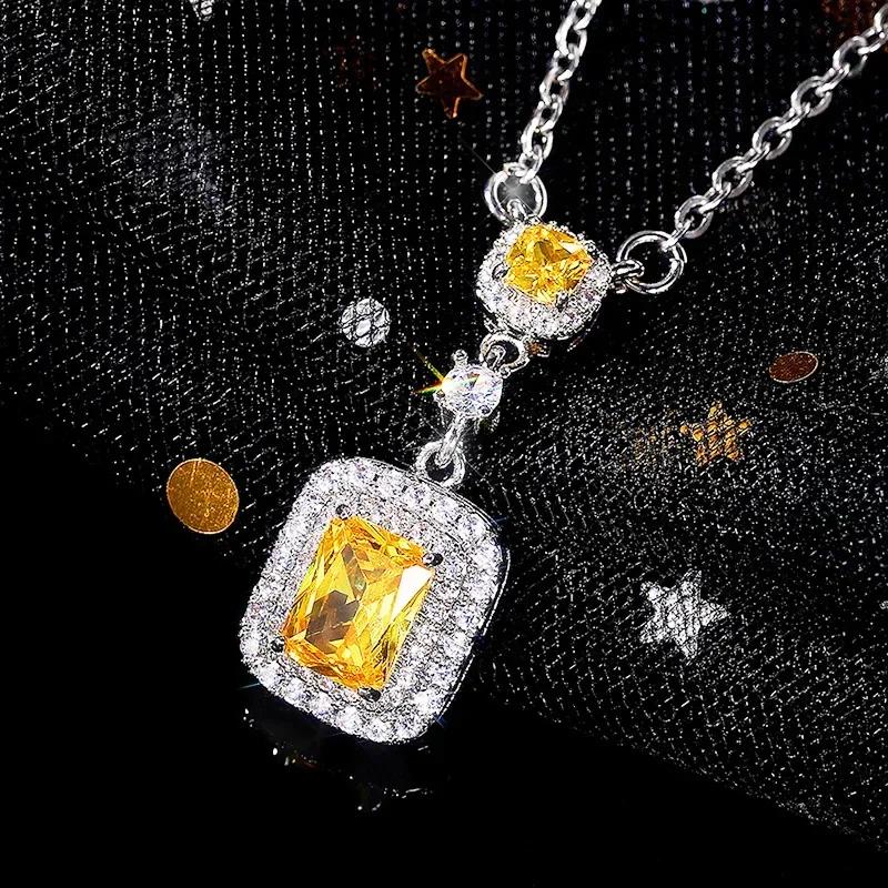 New Versatile Yellow Diamond Zircon Square Necklace Luxury Pink  Pendant  Female High Quality Jewelry