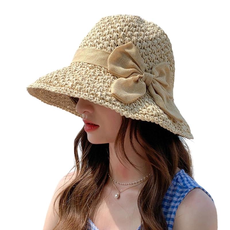 Elegant Bows Straw Hat for Women Breathable Summer Beach Hat Sun Protections Wide Brims Fisherman Cap
