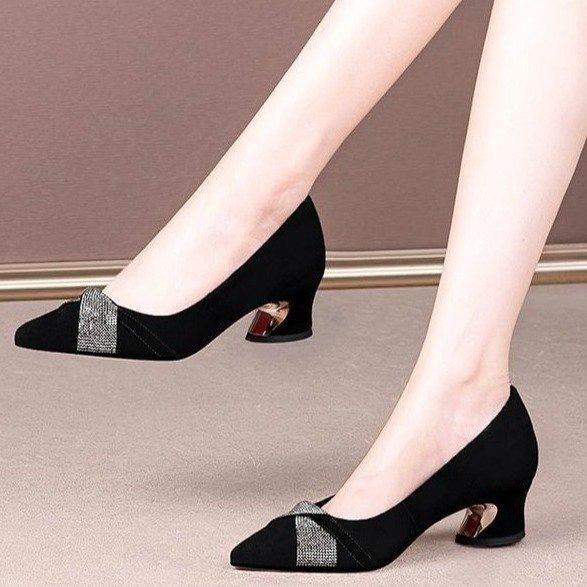 Chaussures basses à bout pointu et strass noir automne nouveau talon épais confortables chaussures à talon moyen et bas talons hauts