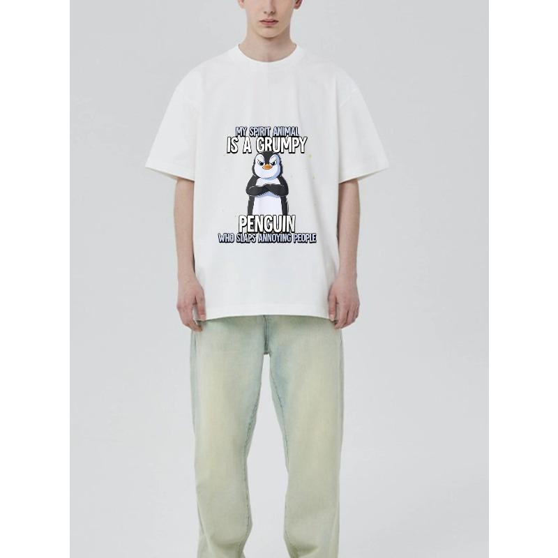Crewneck T Shirt Black Grumpy Penguin with Text My Spirit Animal Is A Grumpy Penguin Who Slaps Annoying People Casual Wear for Men and Women