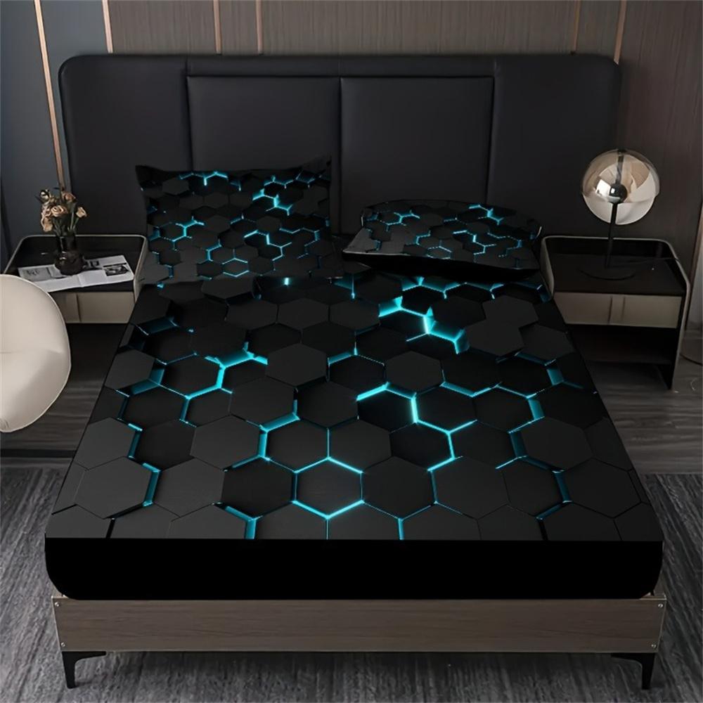 

Blue 3D Hexagonal Honeycomb Geometry Print Fitted Sheet Set Column Mosaic Art Neon Mattress Covers Bedding Set With Deep Pocket Twin99x190cm бежевый