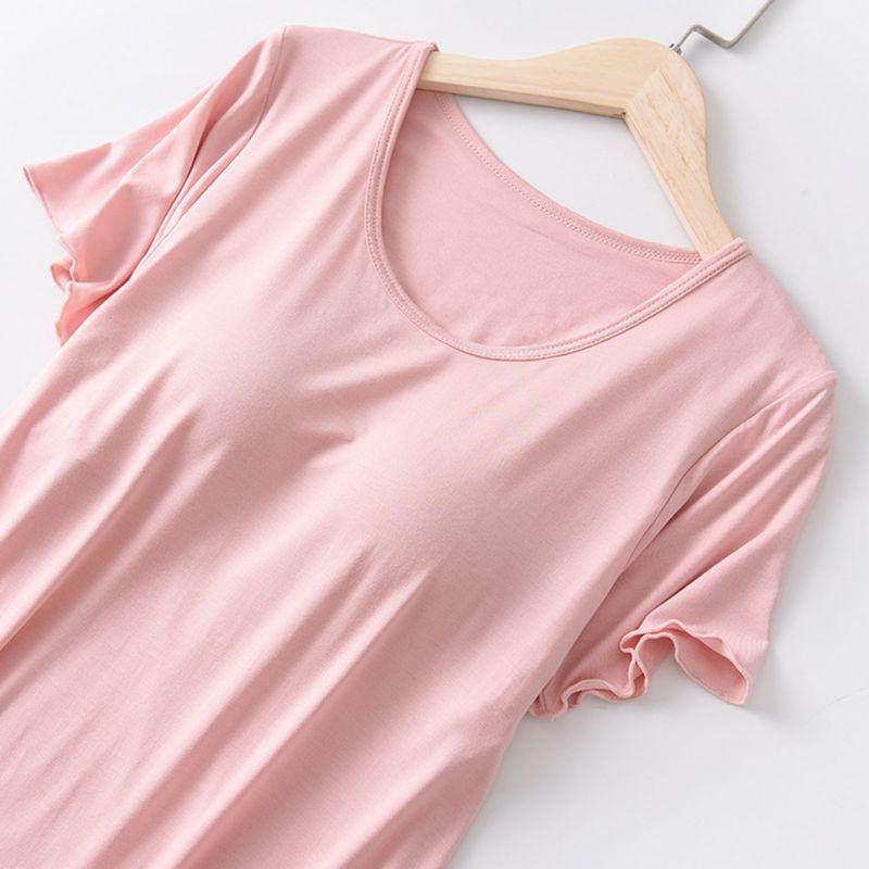 Women Casual Short Sleeve Nightgown Solid Color Pajama Dress with Bra Pad