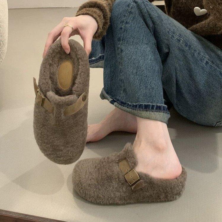 2025 new belt buckle thick-soled imitation lamb wool cotton slippers outer wear bag head fluff half-drag warm women's shoes slippers