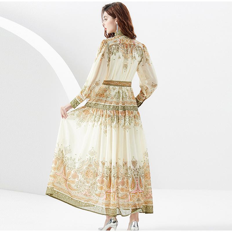 Spring New Style Women's Retro Vacation Style Stand-up Collar Lantern Sleeve Long Skirt Printed Dress Fashion Trend Beach Style Long Dress
