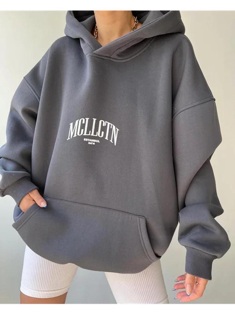 Damska bluza z kapturem i nadrukiem liter, z długim rękawem, na co dzień