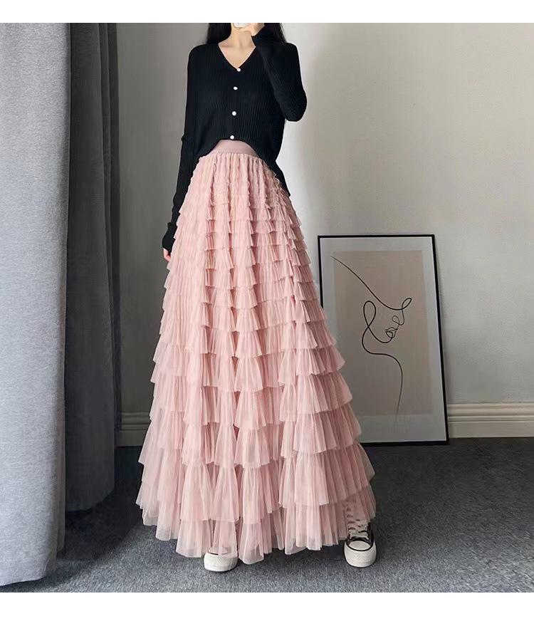 "2024 Frühling/Sommer Lotusblatt Mesh Puffrock": Gespleißt, Schlank, Von Prominenten inspiriert, Lang, Sexy Kuchenstil"