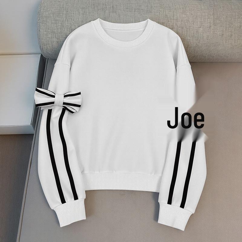 Women's Autumn Color Block Bow Hoodie - Loose Fit, Round Neck, Long Sleeve Pullover