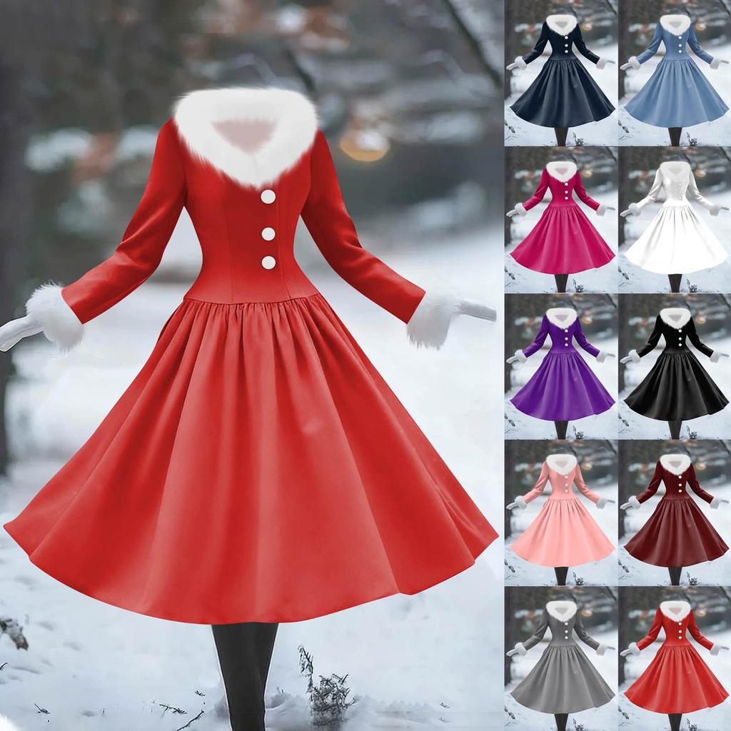 Women's Casual Dress Long-Sleeve V-Neck Patchwork Fleece Solid Dress