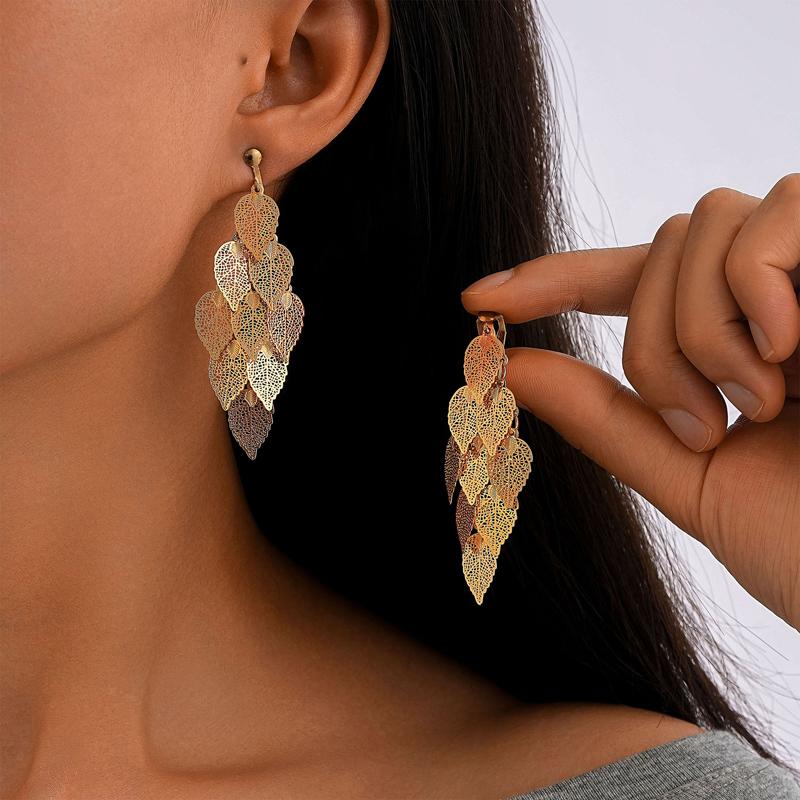 Exaggerated copper Color Leaves Long Tassel Pendant Earrings for Women Creative Metal Hollow Leaf Earrings Party Zircon Gift