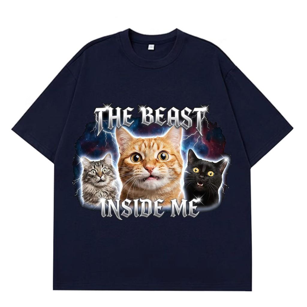 The Beast Inside Me Funny Cat Meme T-Shirt Vintage 90s Y2K Graphic Tshirt Summer Men's and Women's Loose Casual Cotton T-shirts