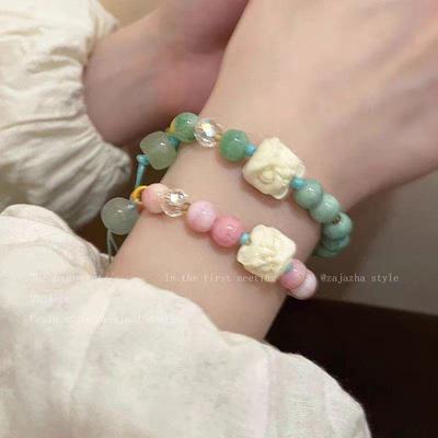 Green Lion Natural Stone Beaded Bracelet for Girls - New Chinese Style, High-Grade Drawstring Hand Jewelry