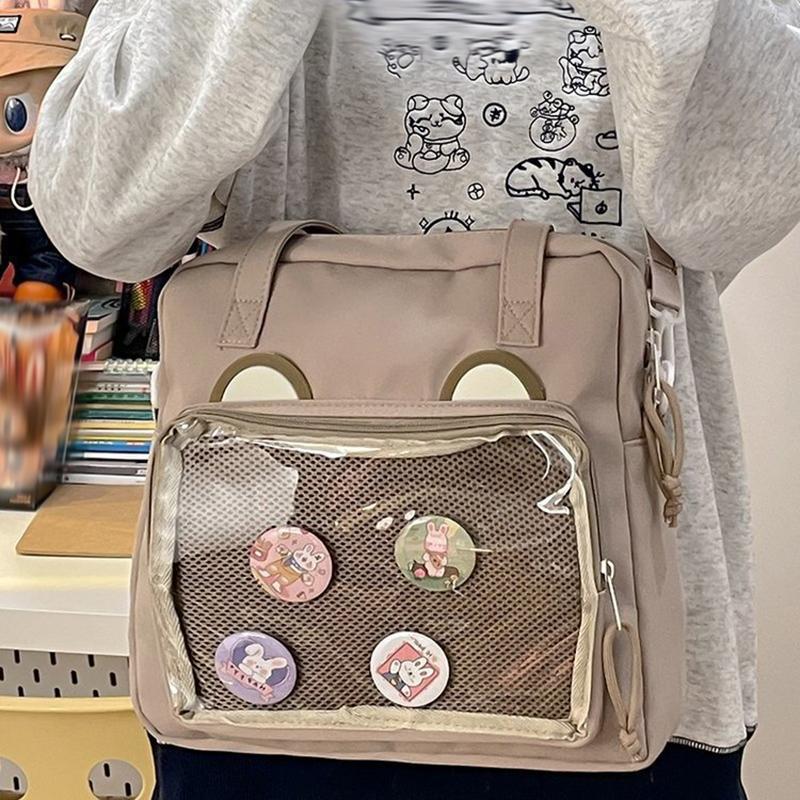 Vielseitige transparente Umhängetasche im japanischen Stil, große Kapazität, Canvas-Umhängetasche, Studententasche, Umhängetasche mit niedlichem Bären im Anime-Stil