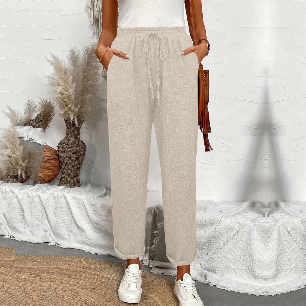 Drawstring Waist Slant Pockets Pants Casual Loose Tapered Pants For Spring  Summer  Women's Clothing