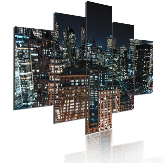 5 Pieces Modular Picture Bustling Cityscape Poster HD Printed Wall Art Modern Metropolis Skyscrapers Canvas Painting Home Decor
