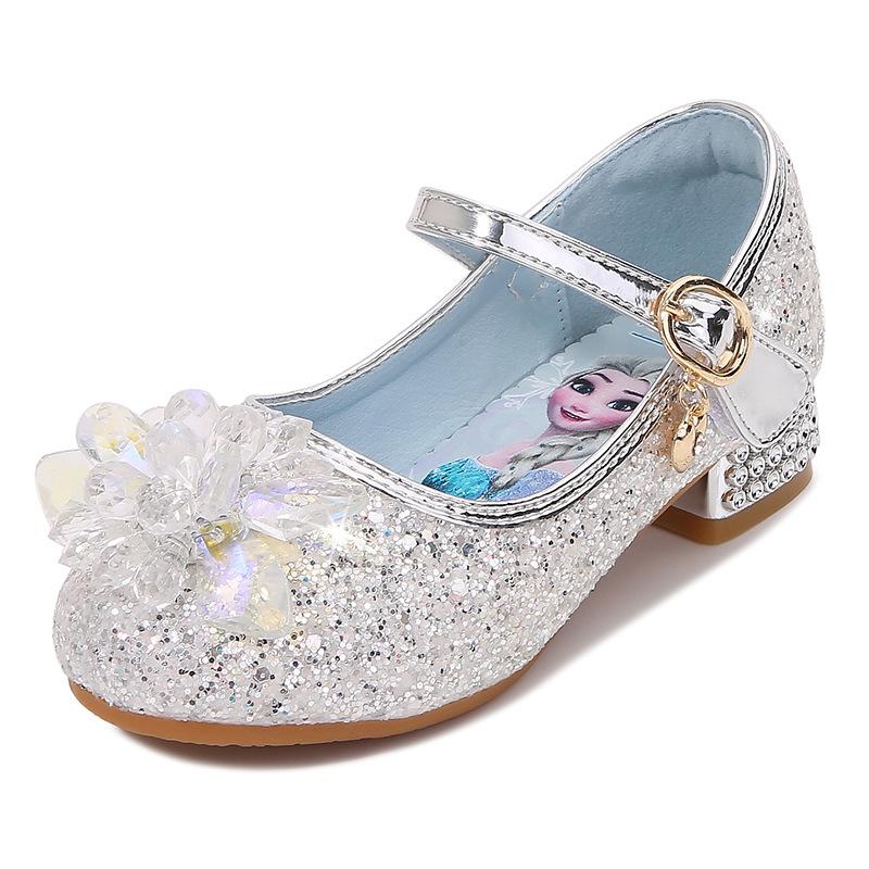 Girls' Princess Shoes Spring and Autumn Fashion New High-Heeled Leather Shoes Soft Sole Velcro Sequin Elsa Crystal Shoes for Girls