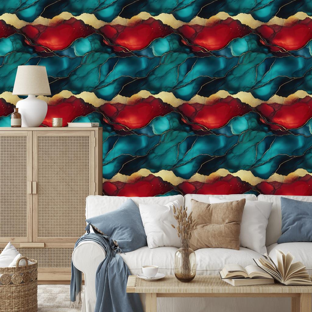 Ink Wallpaper Turquoise, Red and Burgundy for Living Room and Bedroom 50x1000