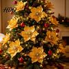 Multi Layered Fabric Flower Decorations Red Gold Poinsettia Artificial Flower Large Glitter Christmas with Clip Xmas Festive Party Floral Decor Tree