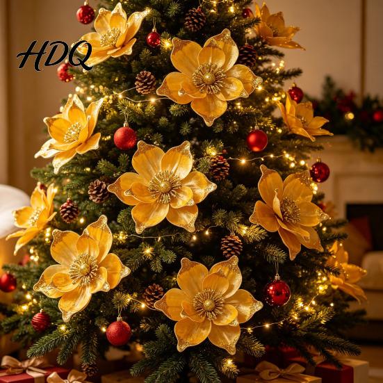 Multi Layered Fabric Flower Decorations Red Gold Poinsettia Artificial Flower Large Glitter Christmas with Clip Xmas Festive Party Floral Decor Tree