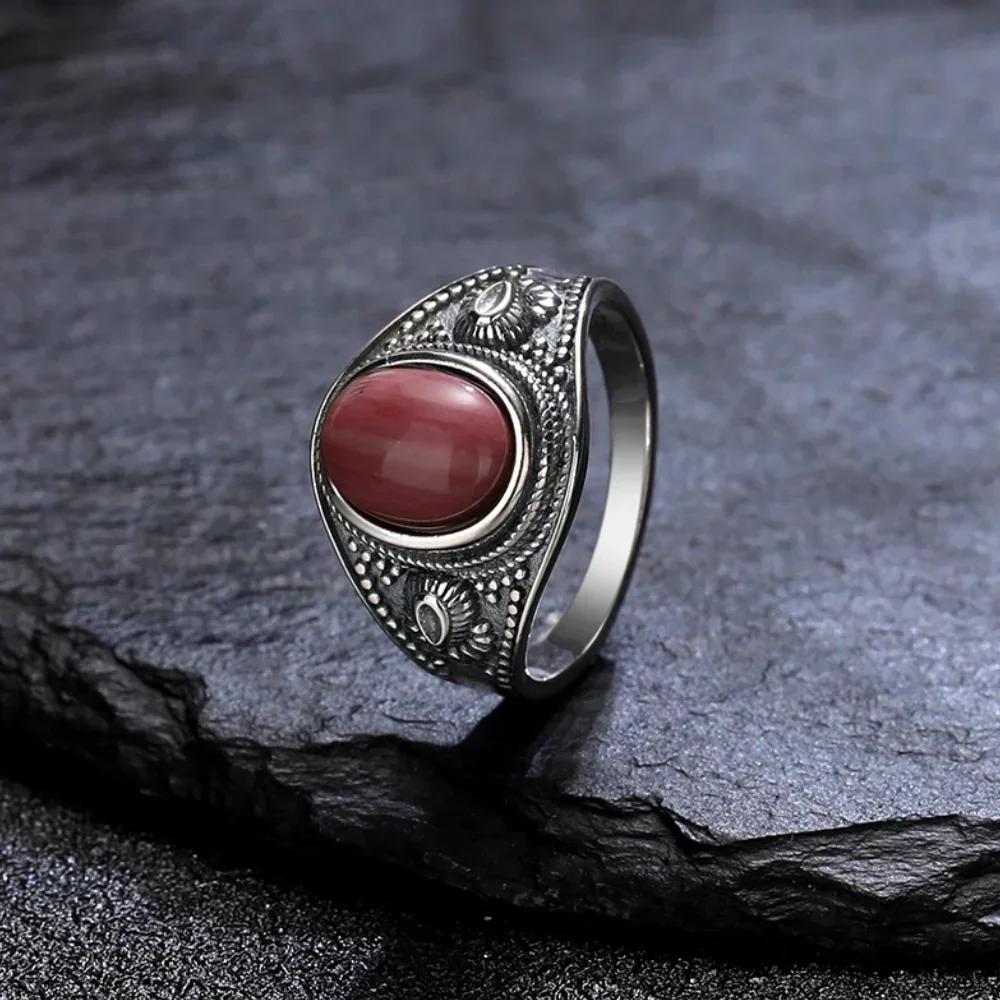 Sterling Silver 925 Vintage Rings Oval 8X10mm Rings Black Onyx Natural Fine Jewelry For Men Women Rhodochrosite Rings