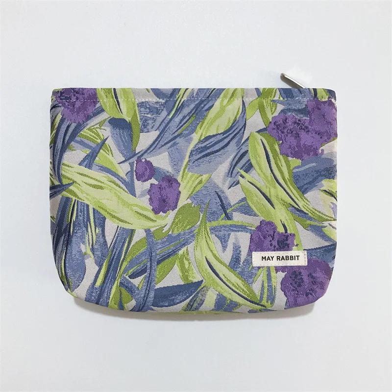 Simple Sweet Pink Flower Embroidered Clutch Cosmetic Bag Makeup Bag Square Canvas Zipper Bag Travel Portable Makeup Organizer