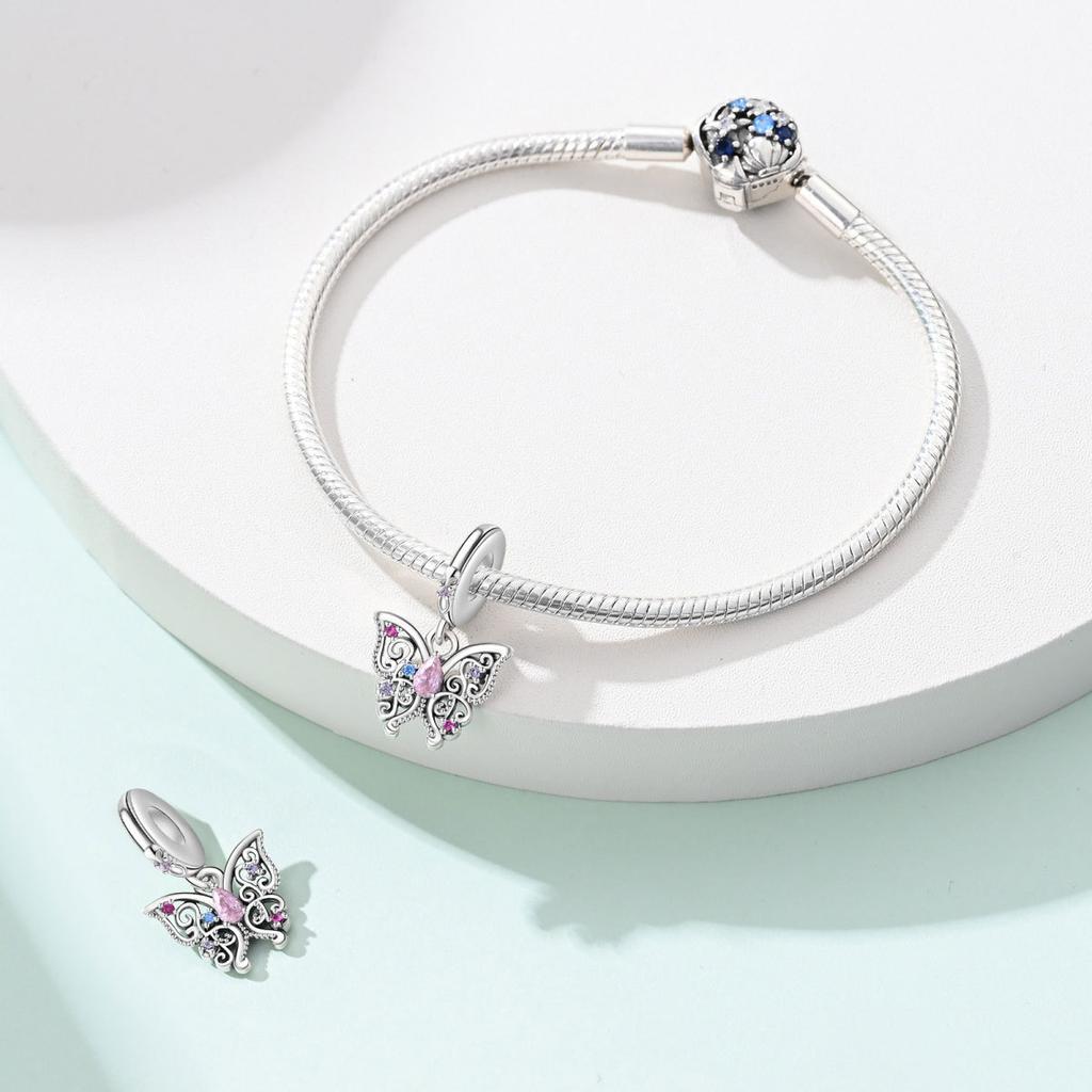 New 925 Silver Jewelry Accessories Bracelet Romantic Classical Butterfly Cross Key Pendant Beaded Bracelet