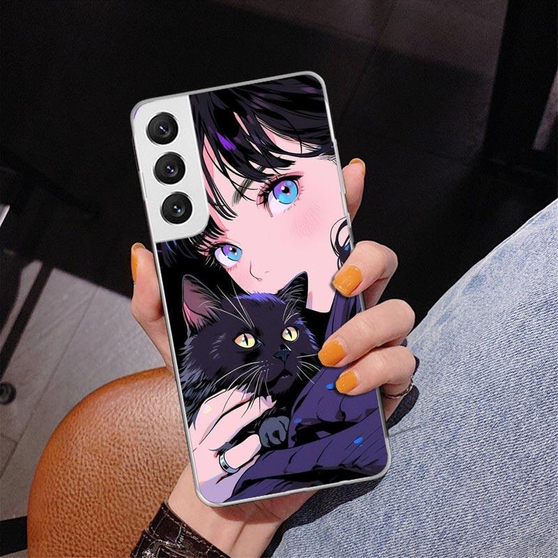 Anime Girls Cute Black Cat Phone Case For Samsung Galaxy S24 S25 Edge S26 Ultra S23 S22 S21 Plus S20 FE + Personalized Print Cov