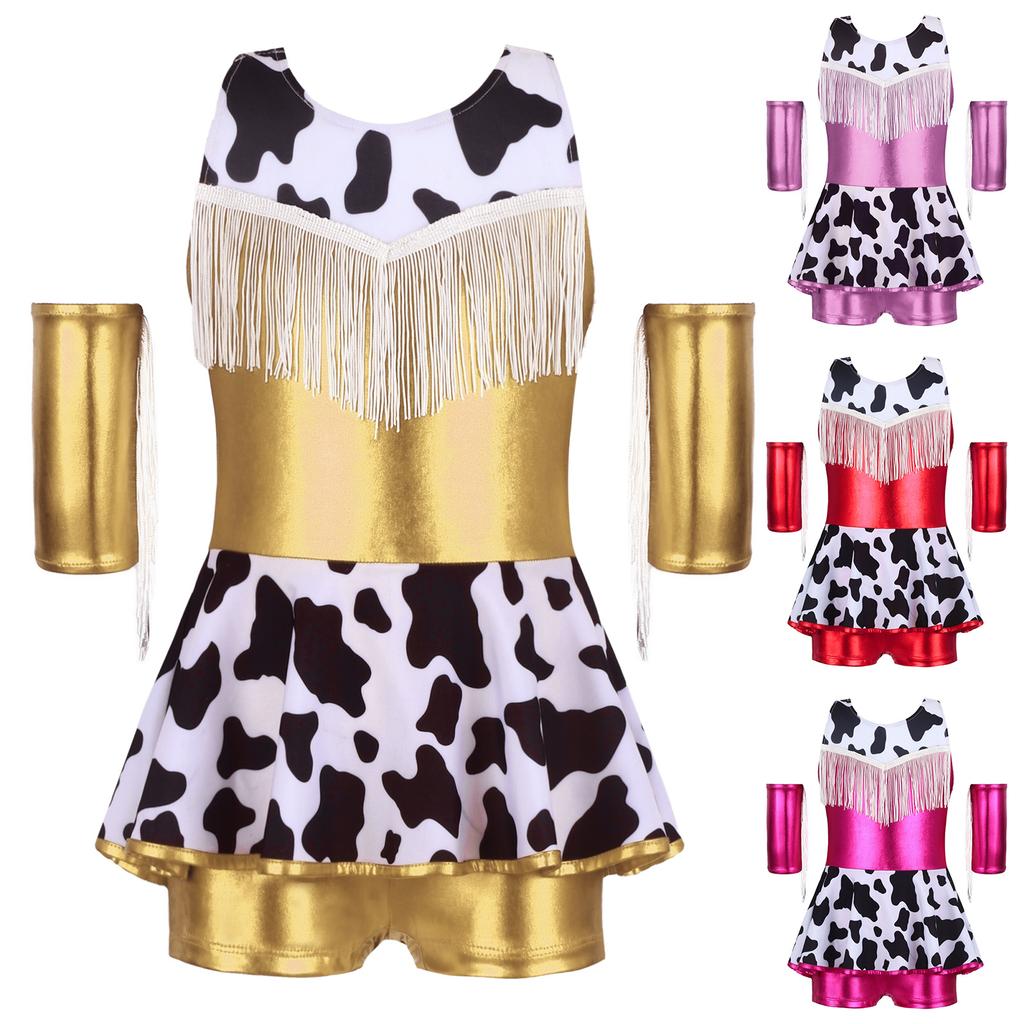 Girls Cowgirl Costume for Cosplay Party Metallic Gloss Cross Back Straps Fringed Dress with Built-in Shorts