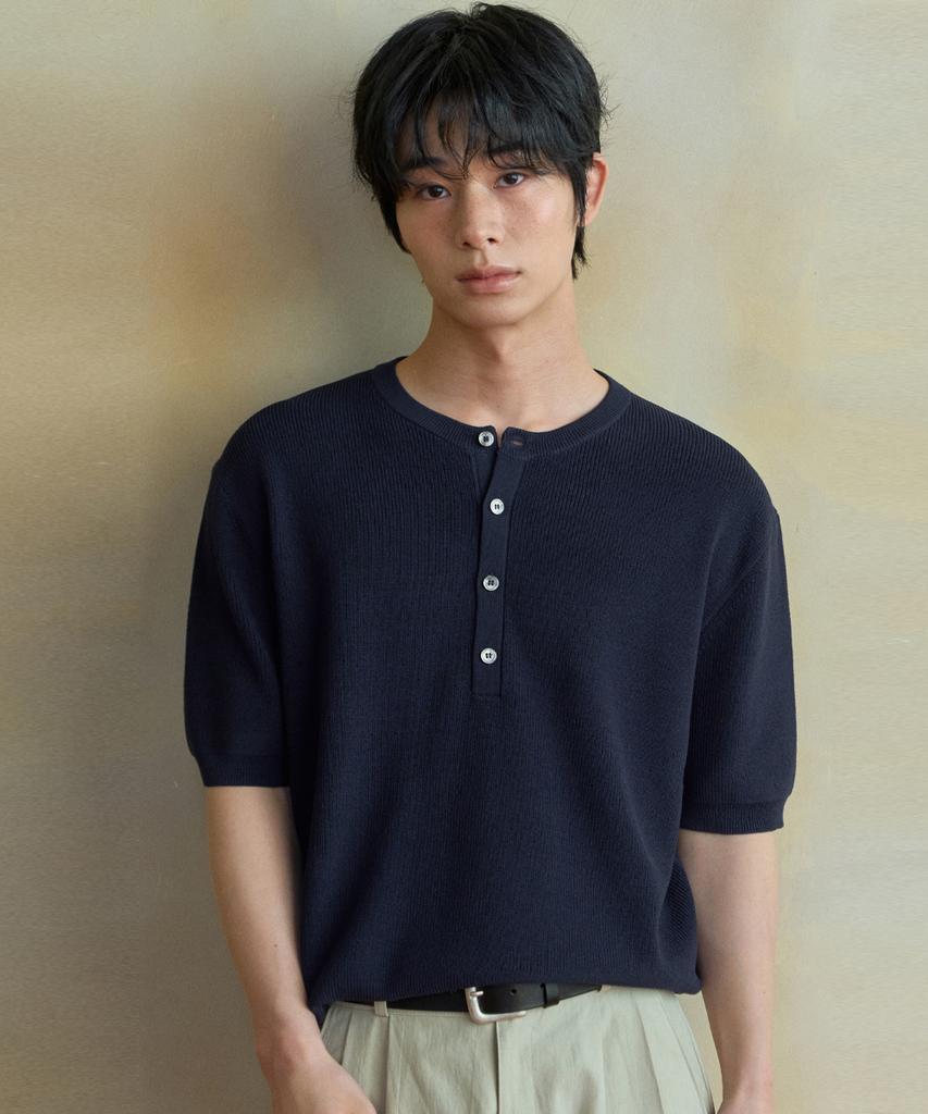 Wednesday Oasis Washable Minimal Henley Neck Half Knit_Navy(Wc26Kn46)