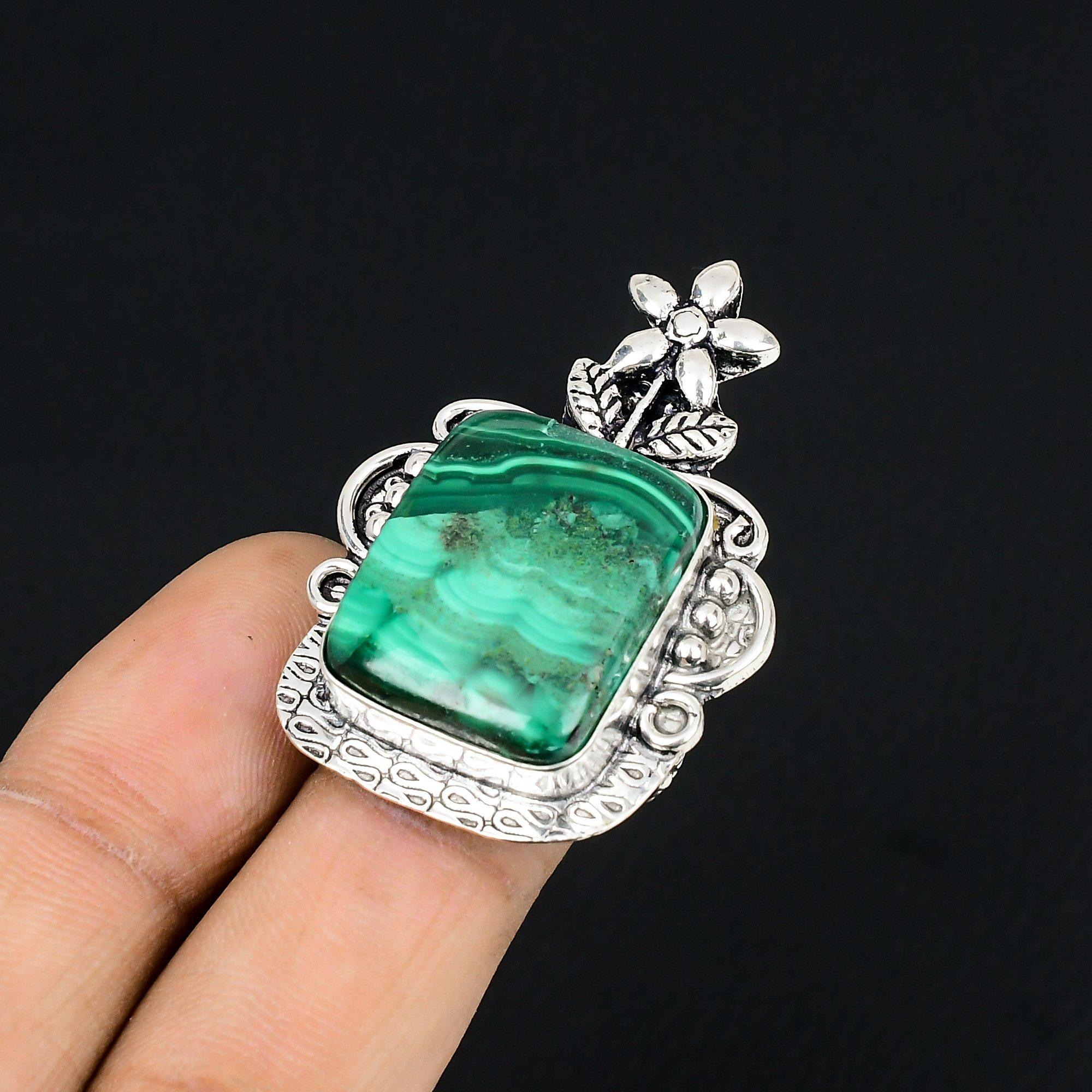 925 Sterling Silver Natural Malachite Multi Stone Flower Wedding Ring Size 6.5 6.5