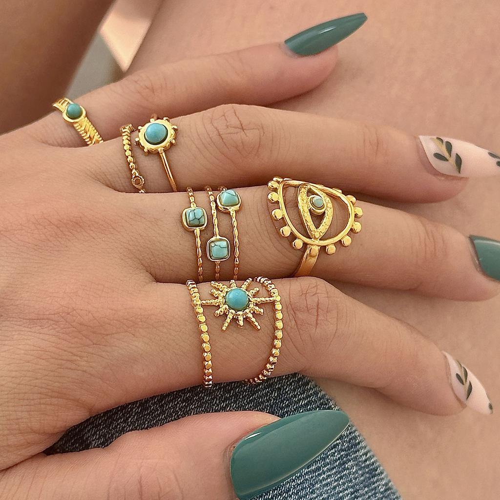Stainless Steel Ring, Vacuum Plated 18K Gold Star Eye Turquoise Open Jewelry.