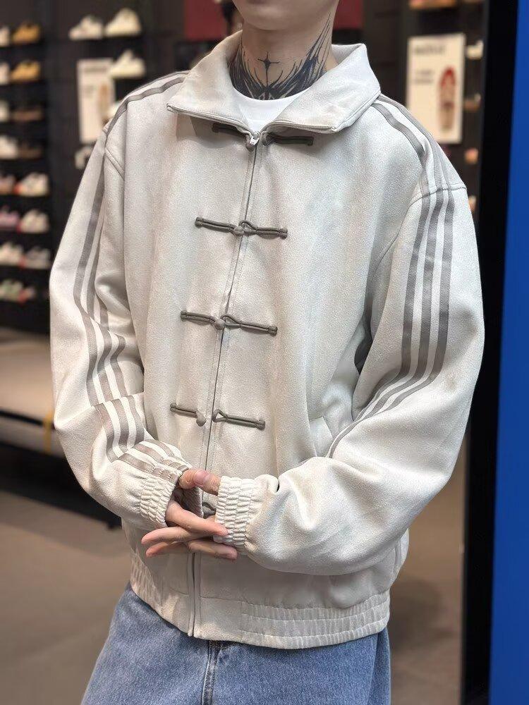 

Синьо-біла комбінована куртка з трьома смугами та коміром-стійкою чоловіча осіння замшева новинка з пряжкою високоякісний топ XXXL сірий колір