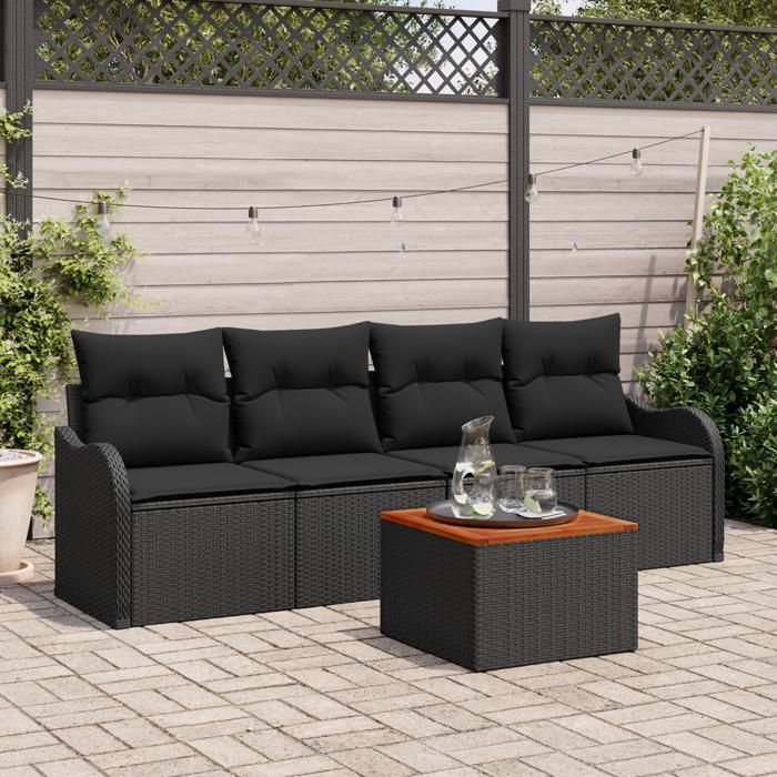 Ensemble de 5 Pièces Canapé de Jardin avec Coussins Noir Poly Rattan Acacia, Canapé de Jardin 2 Places avec Rangement &amp; 3356056