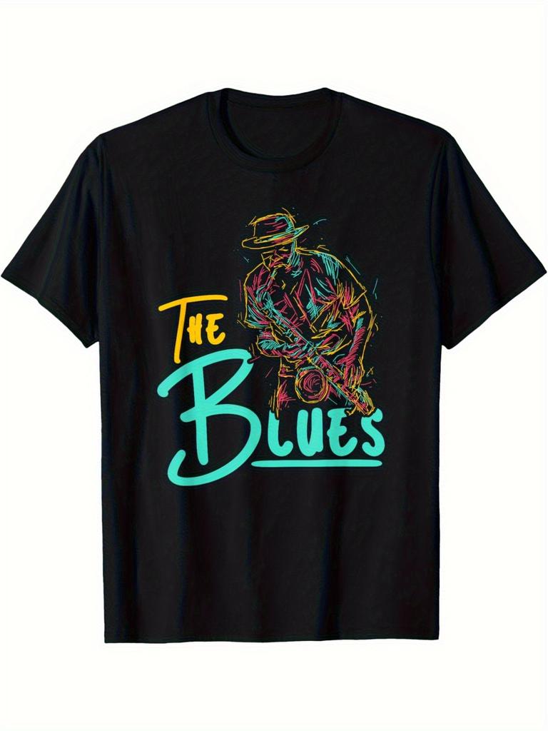 A Black T-Shirt Featuring a Jazz Blues Music Design, Showcasing a Vibrant Guitarist Playing Blues Ar