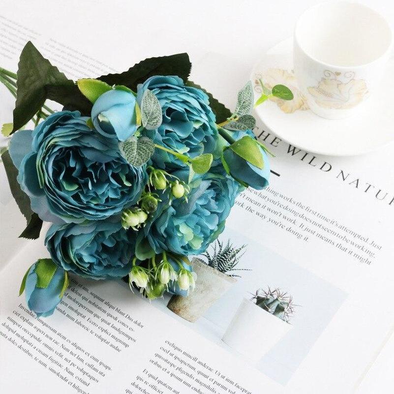 30cm Rose Pink Silk Bouquet Peony Artificial Flowers 5 Big Heads 4 Small Bud Bride Wedding Home Decoration Fake Flowers Faux