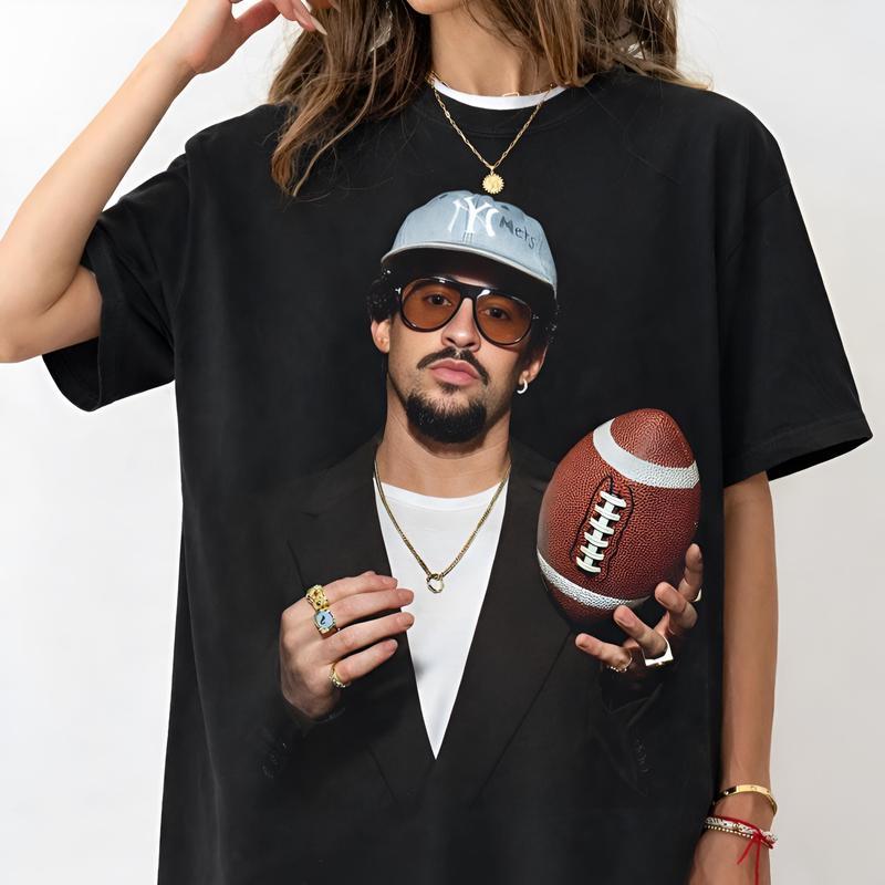 

Bad Bunny x Super Bowl Rugby graphic 100cotton unisex shirt 2026 Summer New Oneck Unisexs Y2k retro Short Sleeve Tshirt fan gift S