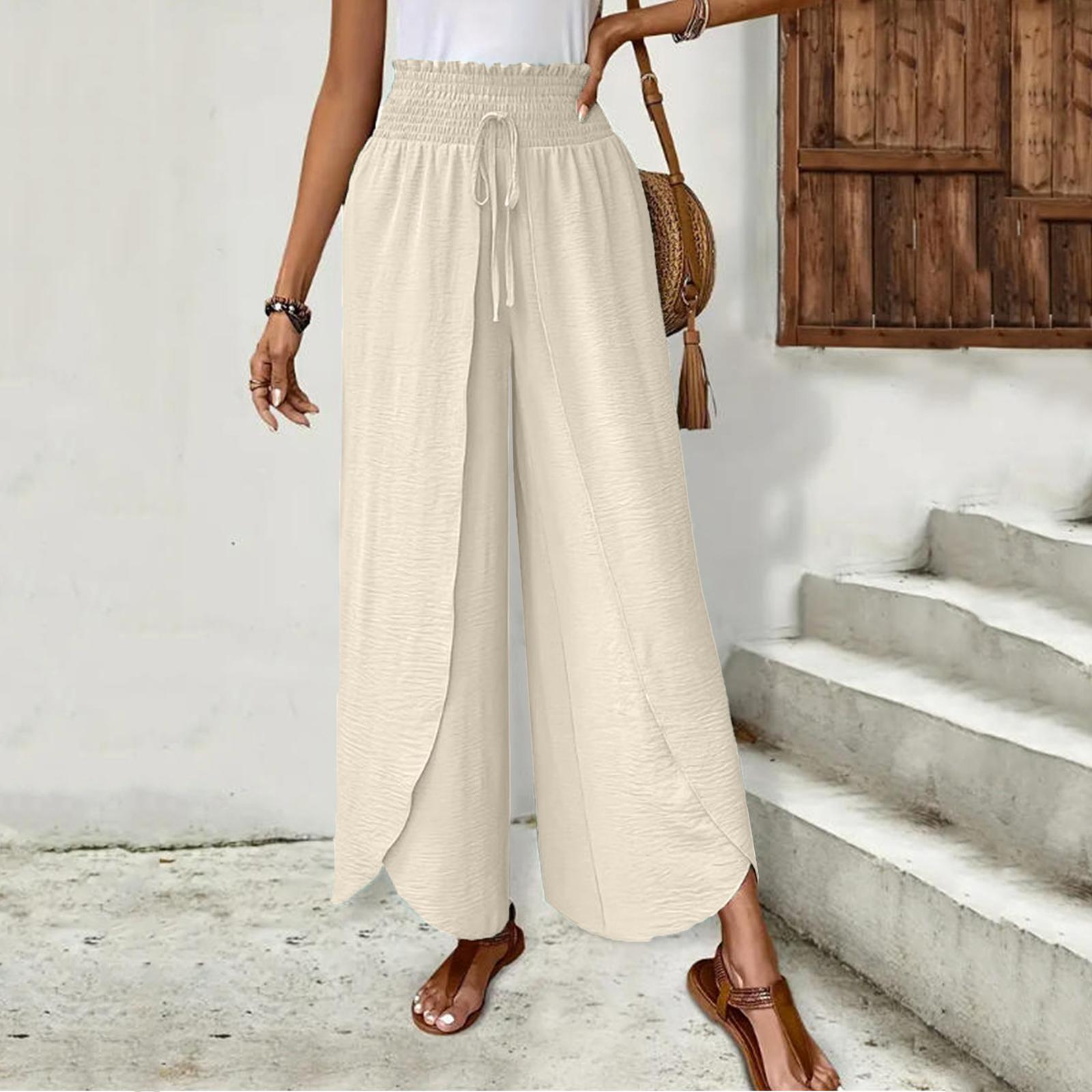 

Women s Elastic Waist Irregular Hem Wide Leg Casual Pants Solid Color Loose Straight Pants XXL бежевый