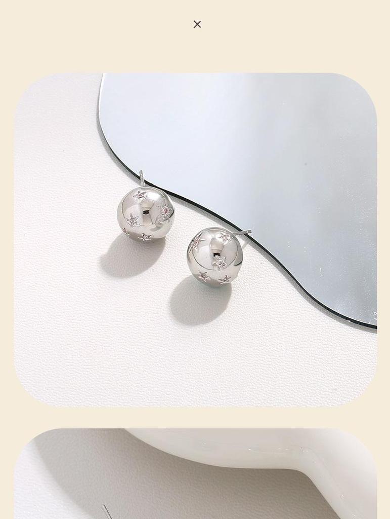 S925 Silver Needle Smooth Round Ball Star Stud Earrings - Stylish Niche Design for Women