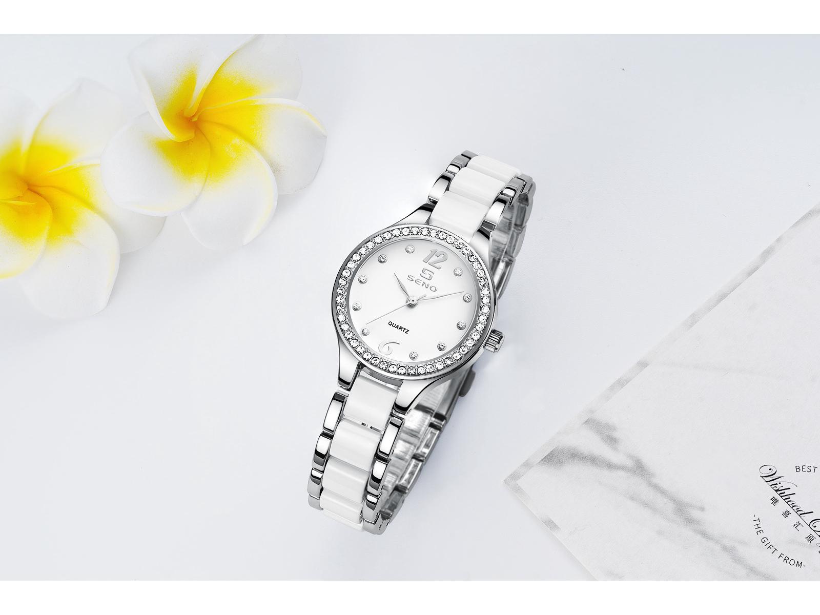 Женские керамические часы Chenno с бриллиантами и кварцевым механизмом - Модные, Водонепроницаемые