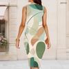 Women Plus Size Round Neck Sleeveless Geometric Printed Bodycon Midi Dress