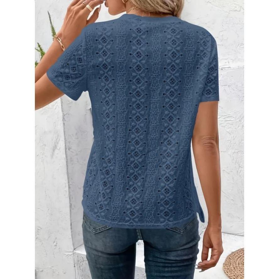 YYFS Damenmode, lässig, Sommer, Frühling, einfarbig, bedruckt, kurzärmelig, O-Ausschnitt, Blusen und Hemden