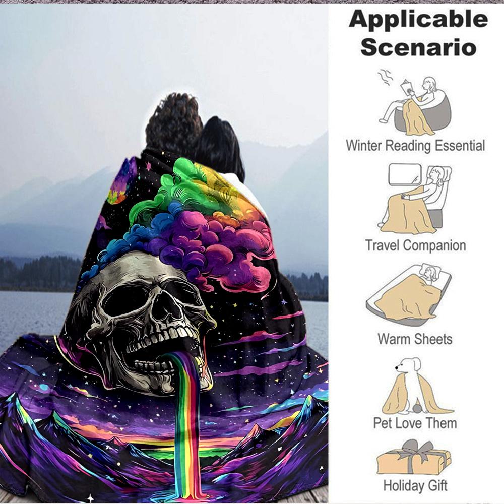 1pc Skull Rainbow Blanket, Lightweight Flannel Throw Blanket For Sofa, Bed, Travel221