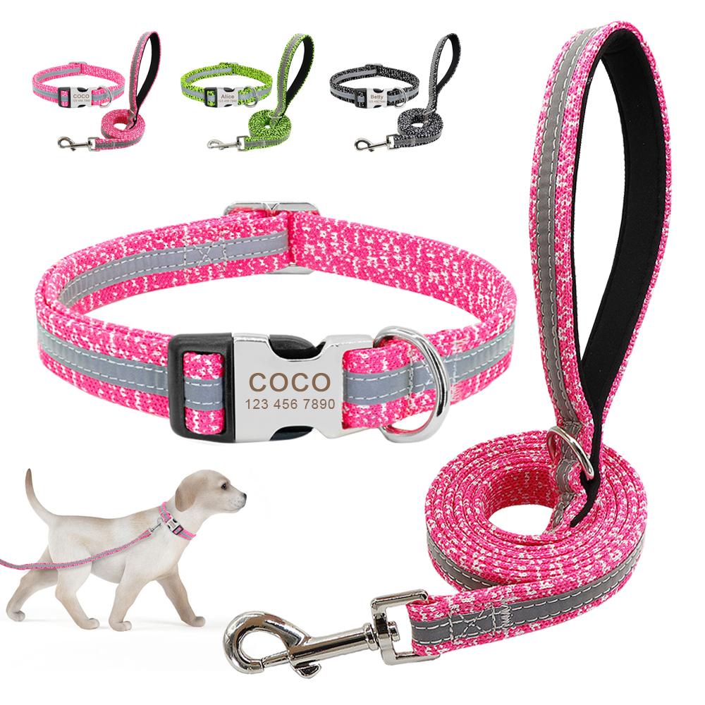 Ensemble Collier et Laisse Personnalisés pour Chien Réfléchissant Nylon Colliers pour Animaux Laisse Laisse Plaque d'Identité Gravée pour Petits Grands Chiens Pitbull